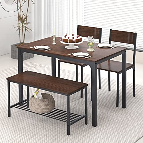 SogesHome Ensemble de Salle à Manger 4 Pièces - Table avec 2 Chaises et Banc avec Étagère - Meubles en Bois et Métal pour Cuisine et Salle à Manger - Table 110 x 70 cm