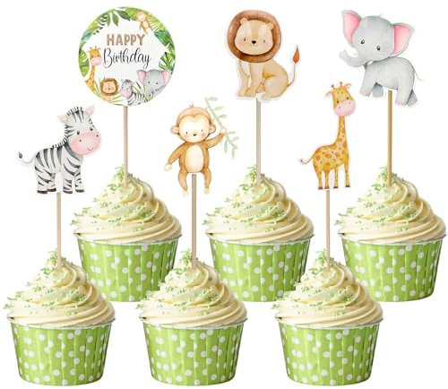 Teselife 24 pièces animaux décorations gâteau, jungle décoration cupcake, safari cupcake, animaux forêt thème fête déco pour enfants garçon anniversaire