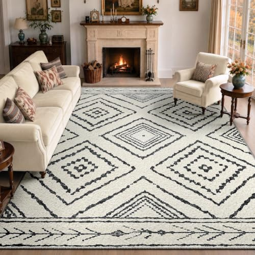 DEFYNEE Modern matta med kort lugg svart-vit 180 x 270 cm – tvättbar och halkfri i marockansk stil för vardagsrum, sovrum och matsal