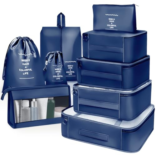 OBSGUMU Koffer Organizer Set, 9 Pcs Packing Cubes für Reise, Packtaschen für Koffer Reise Kleidertaschen, Verpackungswürfel Mit Kosmetiktasche, Travel Organizer(Marineblau)