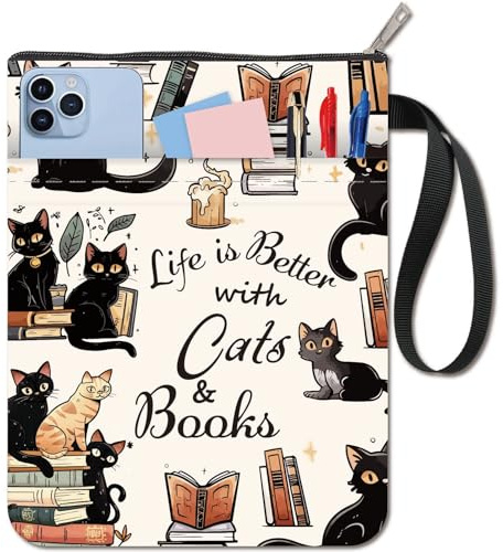 CRASPIRE Custodia per Libri con Parole A Forma di Gatto Protezione per Libri Tascabili Copertina per Libri In Tessuto Lavabile con Cerniera e Tasca Extra per Gli Amanti Dei Libri Regali per I Compagni