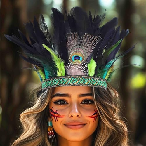 Fashband Pfauenfeder-Haarreif, Fascinator, dekorative Kronen, Hippie-Kopfschmuck, Tribal-Festival-Kostüm, Stirnband für Damen (Grün, Einheitsgröße)