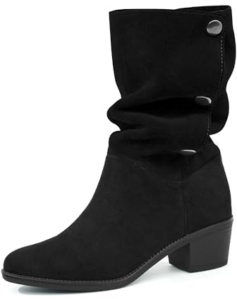 starmerx Womens Suede Mid Calf Boots 3 Way Fold Over Style Chunky Block Heel Booties Fall Winter (7,Black)