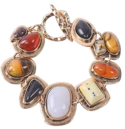 ZYMJBB Vintage Ethnic Chunky Stone Bracelet, Geometric Metal Charm Bracelet, Boho Style Alloy Beaded Bracelet for Women Everyday Wear