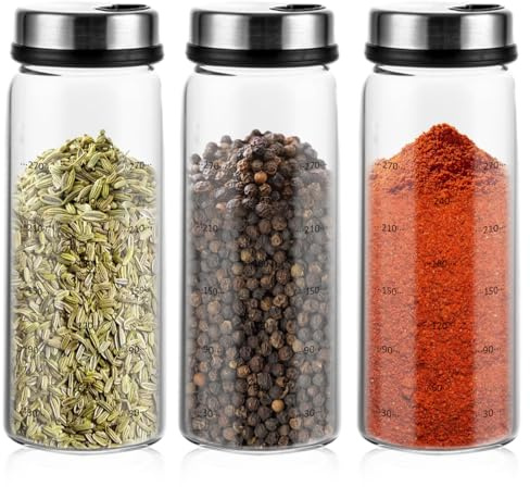 3 Stück Gewürzgläser mit Edelstahl Drehdeckel, 16 x 6 cm Borosilikatglas Gewürzstreuer mit 3 Gewürzlöchern, Gewürzdosen, 300ml Gewürzstreuer Groß, Spice Jar für Küche Esszimmer Grill im Freien