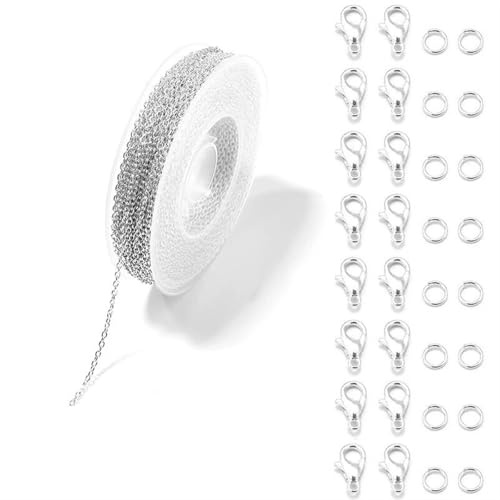 TXLEAPEY Kedjor 3 meter kabel stickning smycken tillbehör för tillverkning, halsband, örhängen, armband, gör-det-själv kit (silver)