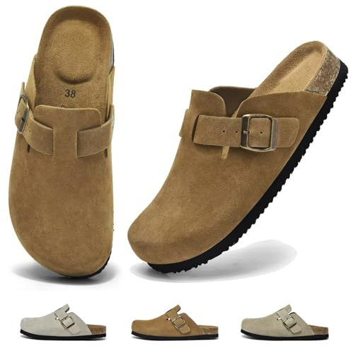 chetoria Zuecos Mujer Zapatillas Casa Sandalias Cerradas Mules 36-42EU | Plantilla de Corcho, Pantuflas Cómodas, Hebilla Ajustables, Zapatillas de Jardín Antideslizante, Interior y Exterior