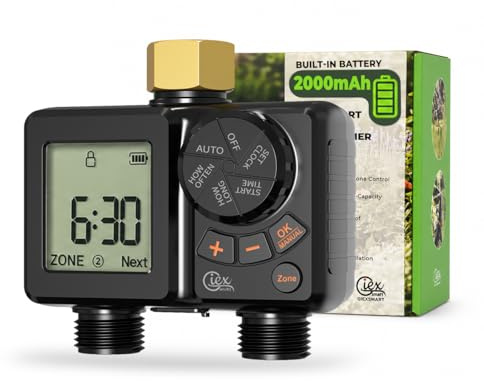 GIEX - Ordenador de riego de 2 vías, temporizador de riego recargable, 2 zonas con conexión de latón, temporizador de agua programable con IP66, retardo de lluvia y riego manual para jardín, césped