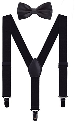 WANYING Niños Niñas Tirantes Pajaritas Conjunto 3 Negro Clips Y-forma Elástico Tirantes para Niños Bebé 1-5 Años - Negro
