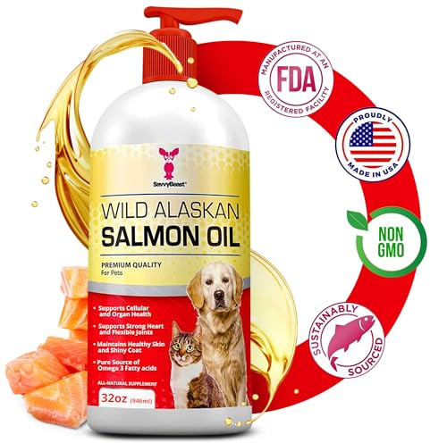 SavvyBeast Wild Alaskan Salmon Oil for Dogs, Cats & Ferrets – Omega-3 Fish Oil Pet Supplement with EPA & DHA – Supports Skin, Coat, Joints, Heart, Brain, Itch Relief & Immune – Unscented – 32 oz