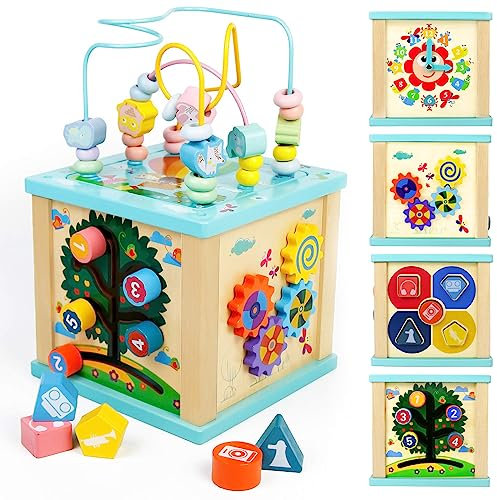 Fajiabao Motorikwürfel 5 in 1 Aktivitätswürfel Baby Holzspielzeug, Montessori Spielzeug ab 1 Jahr, Activity Center Baby 18 Monate Lernspielzeug Geschenk für Kinder Jungen Mädchen