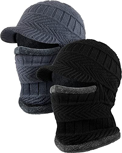 Syhood 2 Pieces 2/3 Pcs Winter Knitted Balaclava Hat Warm Cycling Ski Mask Face Covering Hat Neck Gaiter for Winter Outdoor Sports (Black,Gray)