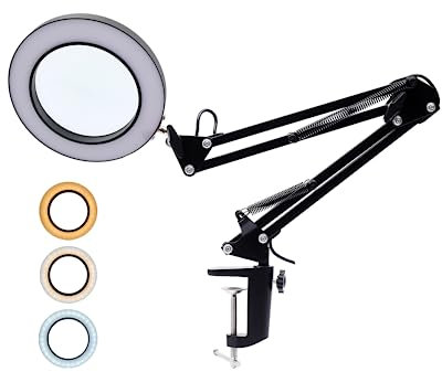 NEW FLASH LED Magnifier Lamp, 5X Magnifying Glass Desk Lamp with Clamp, 3 Colors Illuminated & 10 Dimmable Brightness, USB Powered 370mm Adjustable Metal Swivel Arm Magnifier Light (Black, 12W)