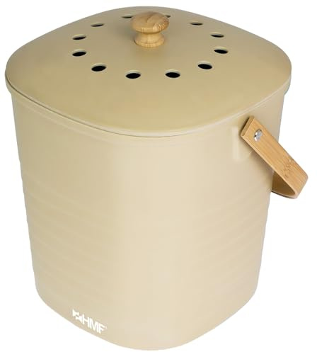 HMF Hållbar organisk köksavfallsbehållare, luktsäker kompostbehållare med lock, 6 liter, beige