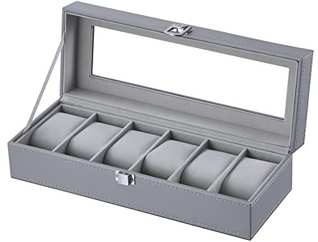 DRAIGERWAY Scatola per orologi da uomo, per 6 orologi, con finestra in vetro, in pelle PU e velluto, per orologi e gioielli (grigio-04G-DGW)