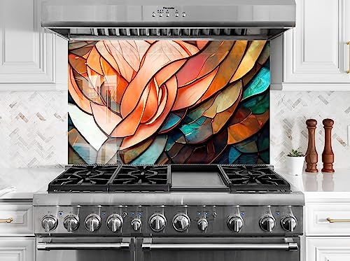 Myphotostation.com 70WX43H''Stove Backsplash Tile Solid Tempered Glass Wall Protection Kitchen Backsplash Splashback Kitchen Decor Stained Backsplash Stove Back Panel