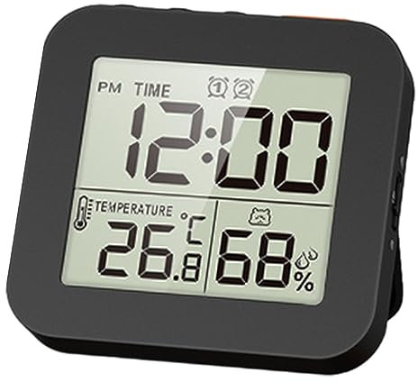 MagiDeal Horloge de Salle de Bain, Minuterie de Douche Numérique pour Salle de Bain, Horloge Murale de Cuisine avec Alarme, Minuterie Tactile étanche Portable, Thermomètre Intérieur, Hygromètre, Noir