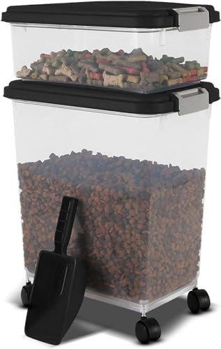 3 Pc's Pet Food Storage Container with Airtight Lids & Measuring Scoop Plastic Dog Cat Animal Dry Food Dispenser Storing Box with Rolling Wheels (Black)