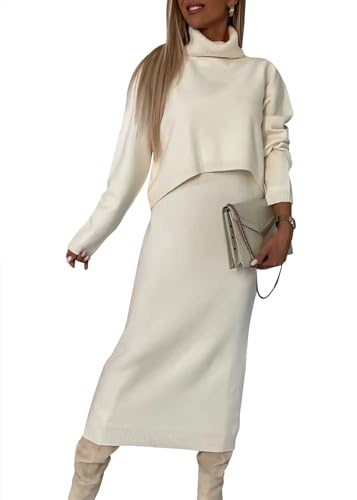 shownicer Robe en Tricot Femme Pull Ensemble 2 Pièces Haut et Midi Jupe Tricoté à Col Roulé Bodycon Automne Hiver Chandail Maxi Dress A Abricot XXL