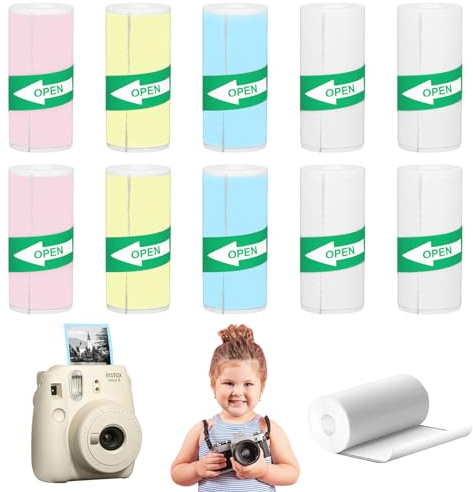 TECHEEL 10 x miniskrivarpapper, termiskt papper för barn, termopapper självhäftande, mini termiskt bläckpapper, mini fotoskrivaretiketter, för foton, uppgifter lista, anteckningar, (färg 10) – 57 x 25