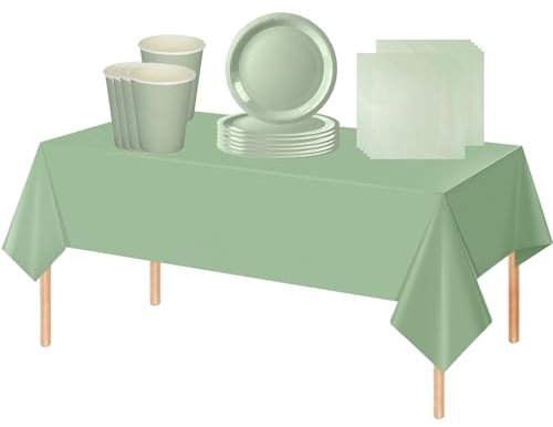 Set di stoviglie usa e getta per feste di compleanno per bambini, 53 pezzi, colore: verde salvia, tovaglie, piatti di carta da 17,8 cm, tovaglioli di carta, bicchieri per feste di compleanno e