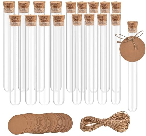 18 Pcs Tubos de Ensayo Plastico Transparente, Probetas Plastico, Tubo Ensayo con Tapones de Corcho para Laboratorio Flores Regalos Dulces, 20 x 150 mm(30ml)/16 x 150 mm(15ml)+ 5m Cuerda de Cáñamo
