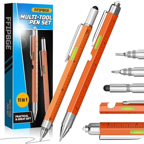 FFIPBGE 2 Pack Multi-Tool Pen Set, 11 in 1 Multitool Pen with LED Light, Ruler, Level, Screwdriver, Stylus, Flathead, Valentine's Day Gifts for Men, Boyfriend, Husband, Gadget Gift for Him, Orange