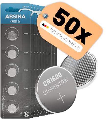 ABSINA CR1620 3 V litiumknappcell 10 x 5-pack – CR 1620 knappbatteri läckagesäker och lång hållbarhet – 1 620 knappcell för bilnycklar, klocka UVM