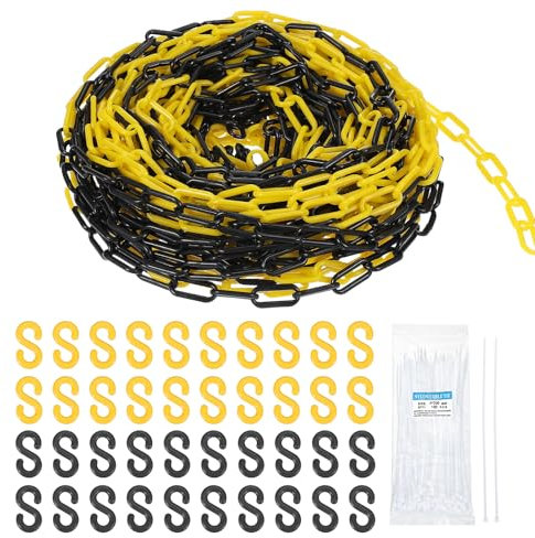 sourcing map Plastic Chain 200 FT/61 M, Safety Chain Yellow Black Plastic Chain Link Barrier with Zip Ties and S-Hooks for Crowd Control Queue Line Fence Decoration