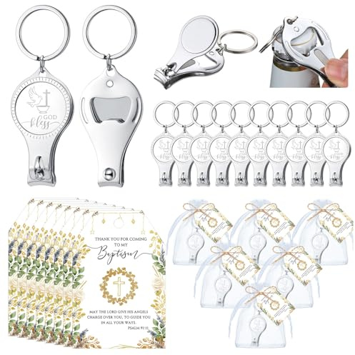 Vesici 50 Set Baptism Party Favors Bulk Includes 3 in 1 Nail Clippers Bottle Opener Keychain God Bless Nail Clippers Thank You Gift Cards Organza Bags for Baptism Party Supplies Souvenirs