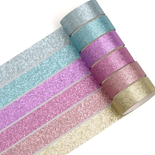 Songdao 6 rullar glitter washitejp set gnistrande maskeringstejp metallisk dekorativ tejp färgglad för gör-det-själv hantverk bullet journals planerare scrapbooking förpackning (neon 6 färger)