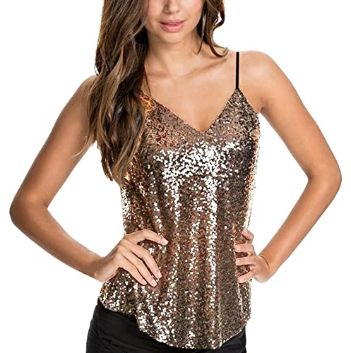 2025 Mujeres sin Mangas Sexy Blusa Lentejuelas Tirantes Cuello en V Camis Tank Top Crop Camisa Transparente Mujer, dorado, L