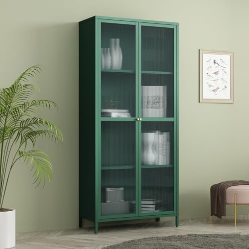 [en.casa] Armadio a Vetrata con 4 Scomparti Credenza Alta Libreria Espositiva Vetrina a 2 Ante in Vetro Semitrasparente Scanalato 180 x 80 x 35 cm Mobile in Acciaio - Verde Abete