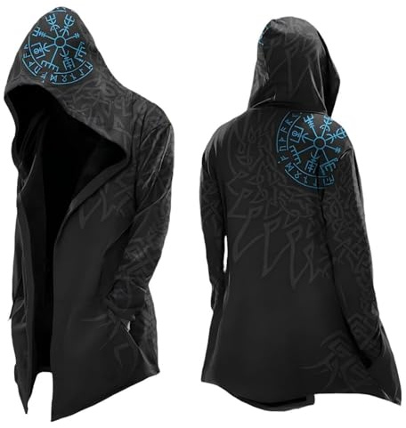Generisch Felpa con cappuccio uomo medievale cardigan Viking bussola 3D stampa grafica giacca da motociclista abbigliamento gotico poncho trench coat Y2K con cappuccio cappotto esterno overcoat