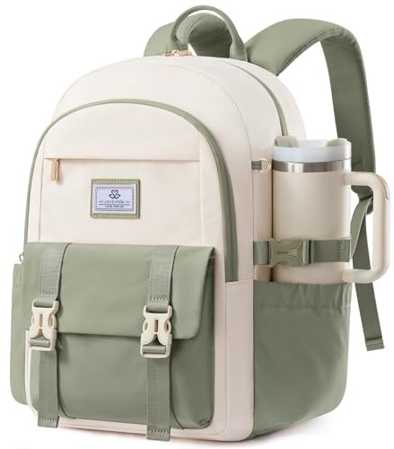 LOVEVOOK Damryggsäck, stor laptop skolryggsäck, tonåringar, dagryggsäckar ryggsäck kvinnor, arbetsväska, lärarväska, reseryggsäck för universitet, kontor, Beige – böngrön, 15.6, Avslappnad
