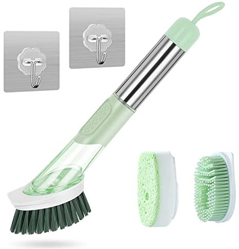 CHEVVY Geschirrbürste 3 in 1 Multifunktionale Reinigungsbürste Spülbürste mit Spülmittel Auswechselbar Spülbürsten Set Seifenspenderbürste für Topf Spüle Pfanne (Grün)