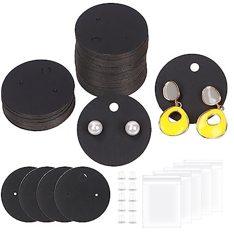 Swpeet 600Pcs schwarz Ohrring Display Karten Assorment Kit, 4CM-1,6 Zoll Runde Ohrring Halter Karten mit Ohrring Rücken und Selbst-Siegel-Taschen, Ohrstecker Halter Karten für Ohrstecker und