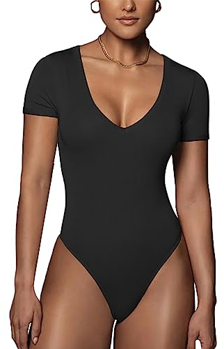 Rongseng Body Mujer de Manga Corta Cuello v Sexy Leotardos Bodysuit Top Elástica Una Pieza Jumpsuit Básico Color Sólido Verano Camiseta Shirts