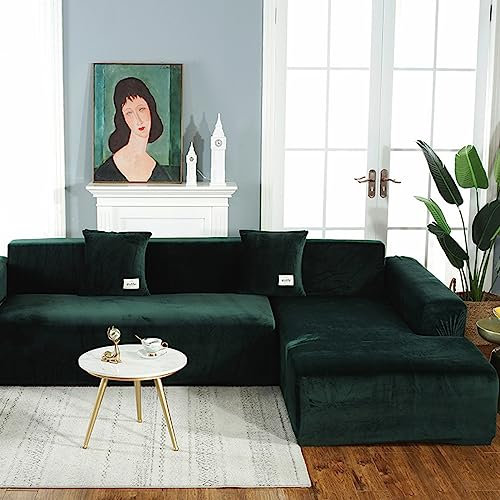 JunJiale Couchbezug L Form Segmentiert Sofabezug 2-teilig Soft Stretch Sofabezug 4-Sitzer + 4-Sitzer Möbelschutz Couch Schonbezug (schwarzgrün)