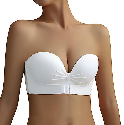 Minetom Soutien Gorge Bandeau Femme sans Bretelles Boucle Avant sans Couture Tube Top Dentelle Invisible Push Up Dos Nu Lingerie Bandeau Bra A Blanc M