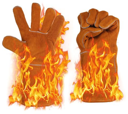 SUWIWKKOA Guanti da barbecue, resistenti al calore fino a 600 °C, resistenti al fuoco, con protezione per avambracci, resistenti al calore, guanti da barbecue in pelle, per esterni, cottura, grigliate