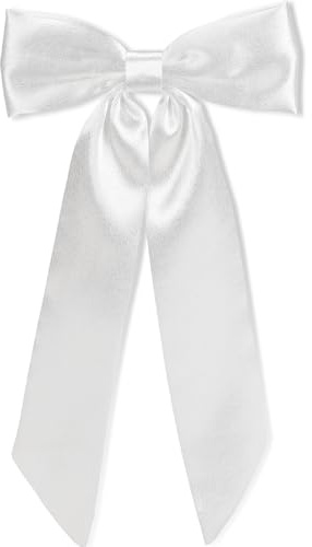 WantGor Long Tail Bow Hair Clips, Hair Ribbon Bows Satin Bowknot Clip | Large Hair Barrettes Cute Ponytail Holder Hair Accessories for Women Daily Party Wedding Prom (White)