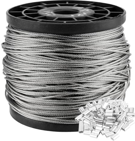SEUNMUK 1/16 304 Stainless Steel Cable, 492ft/150M Length Wire Rope Kit, Metal Coated Wire Rope with 100 Pcsd Aluminum Crimping Loop Sleeve, 7x7 Strand Core, 368lbs Breaking Strength