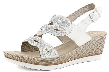 Sandali Donna in Ecopelle con Zeppa e Strass, Plantare Imbottito e Cinturno Regolabile, Bianco, 37