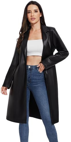 Fahsyee Damen Kunstleder Trenchcoat, Motorradjacken PU Moto Biker Jacke Enganliegend Schlanke Lange Jacke Schwarz Größe XL