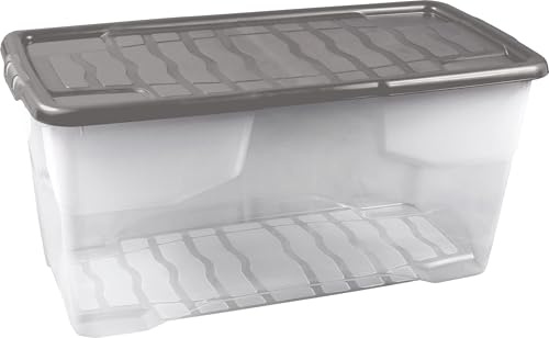 Strata 4 x 80 Liter stapelbare Aufbewahrungsbox aus Kunststoff mit Deckel zum Anklippen, 4 Stück, Multi-Aufbewahrungsbox für Zuhause und Büro, transparente Box, grauer Deckel, 37 cm H x 40 cm B