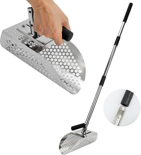 Long Handle Sand Scoop, Heavy Duty Stainless Steel Metal Detecting Sand Scoop,Sand Scoop Handheld with Long Steel Handle Pole Design, Ideal for Underwater Treasure Hunting (Long Handle Sand Scoop)