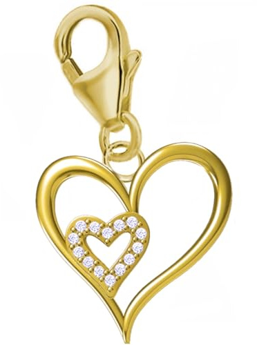 Goldene Hufeisen Zirkonia Herz Charm Anhänger 925 Silber Gelbgold vergoldet, Karabiner