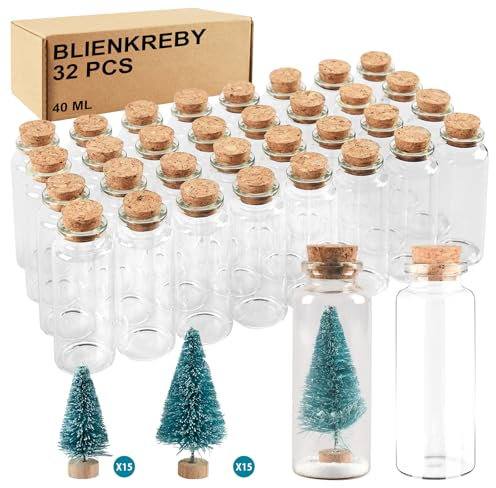 BLIENKREBY Reagenzglas mit Korken 30 x 40ML, Mini Glasflaschen mit Korken mit Mini Weihnachtsbaum, Mini Weihnachtsbaum mit Holzsockel Tanne Tannenbaum, für Weihnachtsdeko Weihnachten Geschenke
