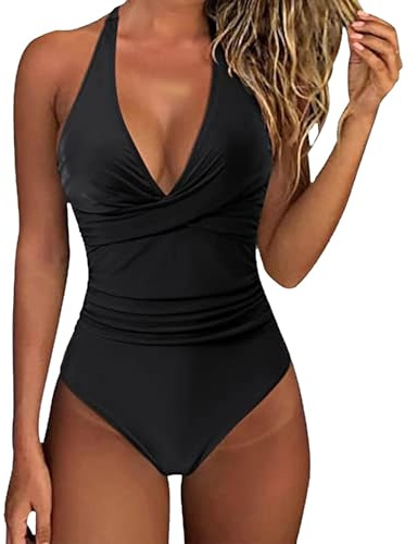 Bañador Mujer Reductores Barriga Espalda Expuesta Vientre Plan_o Ropa de Baño Bañador Natacion V Push Up Traje de Baño Acolchado Bikini con Estampado Floral Traje de Baño de Una Pieza (D-Black, M)